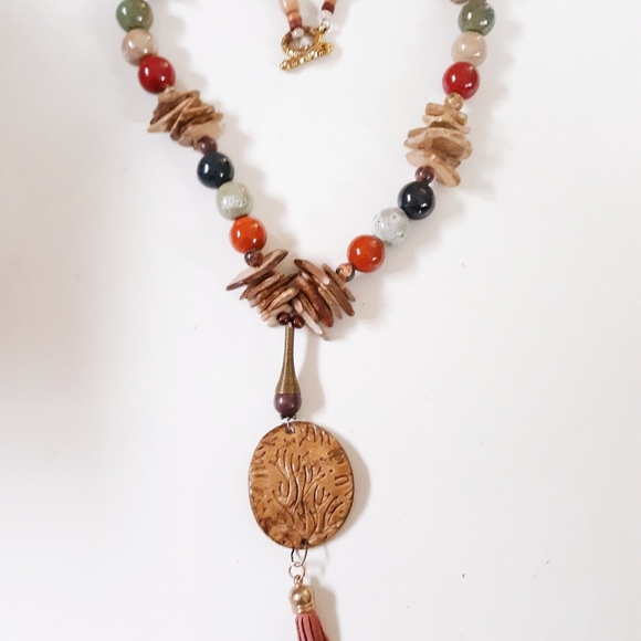 NWT Earthy Bohemian Pottery Tassel Necklace OOAK - Picture 4 of 5